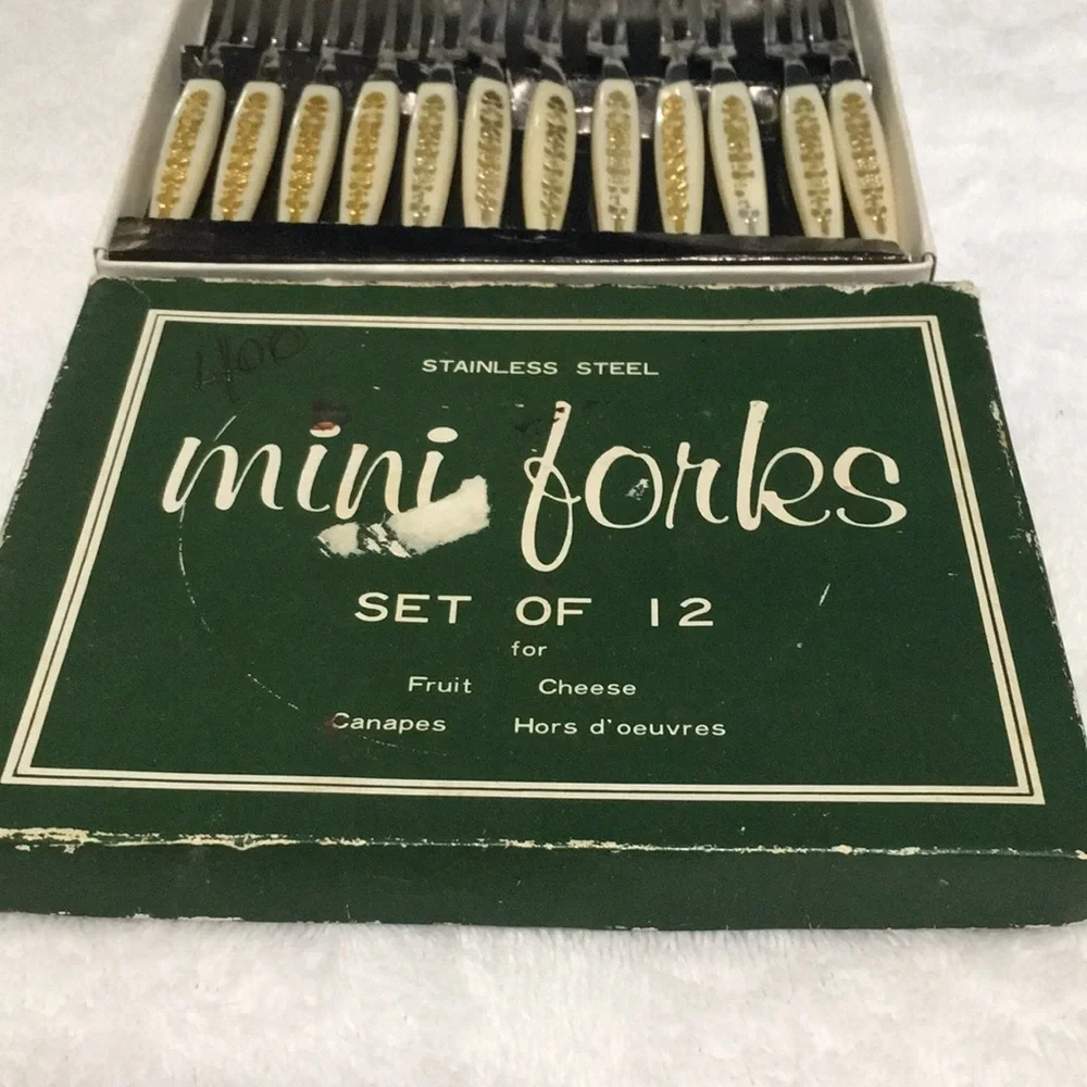 Mini stainless steel forks set of twelve in original box. Vintage